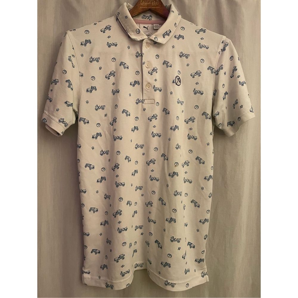 Mens Small Golf Polo- Arnold Palmer -Cream/Blue Vintage Autos Short Sleeve